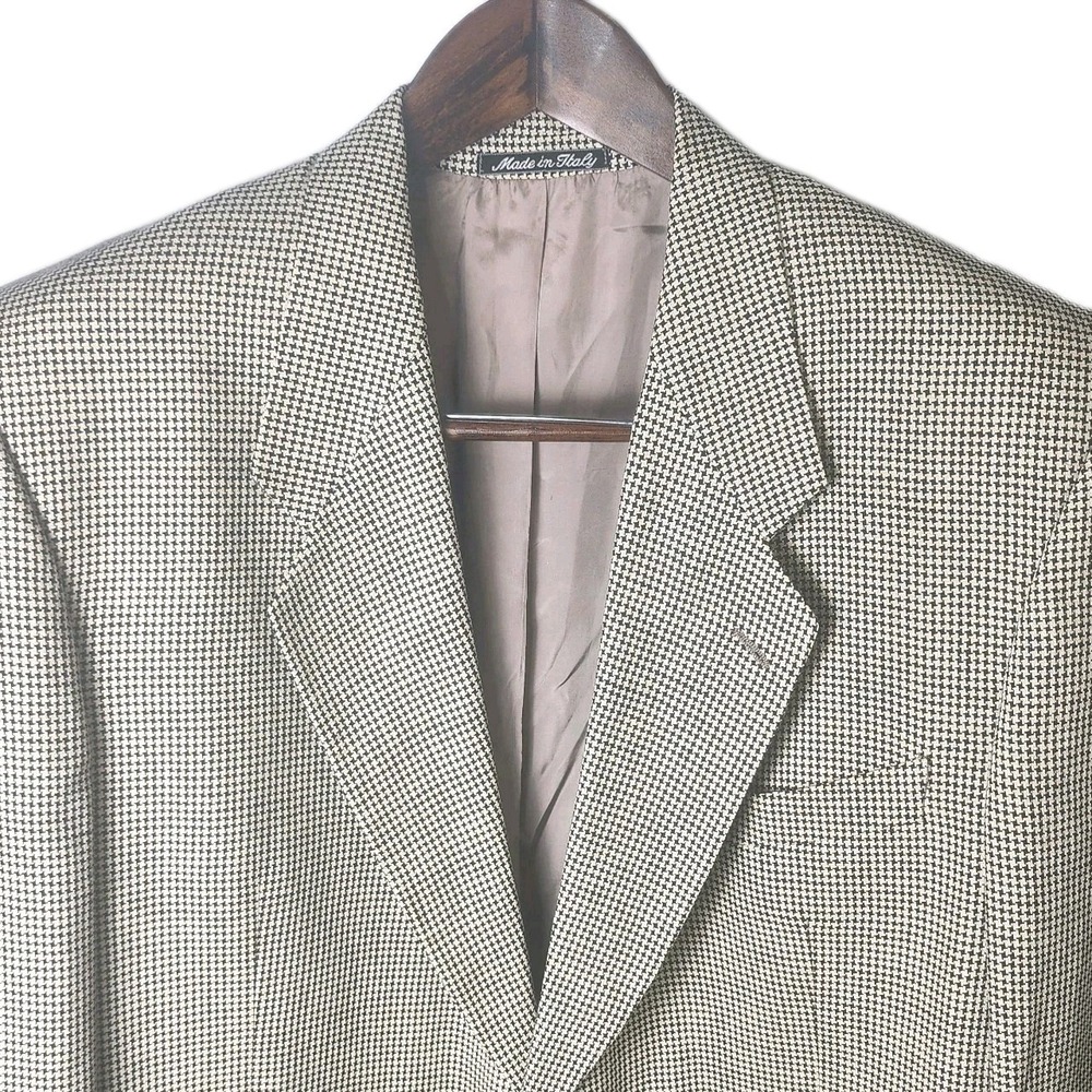 Stanley Korshak MANI Silk Linen Blazer 44L Tan Houndstooth Made in Italy Classic